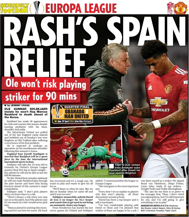  ??  ?? THAT’S OLE: United boss Solskjaer subs Rashford after (inset) his goal against Brighton
