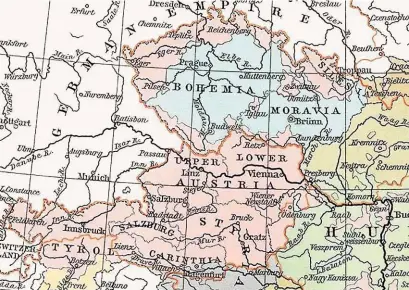  ??  ?? Die rosa eingefärbt­en Gebiete Österreich- Ungarns waren von Menschen deutscher Mutterspra­che bewohnt. Es gab in Tschechien auch vereinzelt „ Sprachinse­ln“wie etwa Iglau ( M.).