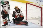  ?? LM OTERO — THE ASSOCIATED PRESS ?? The puck gets past Ducks goaltender Anthony Stolarz during Friday's season-ending loss to the Stars in Dallas.
STARS 4, DUCKS 2 Up next: Season over