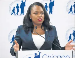  ?? JOSE M. OSORIO/CHICAGO TRIBUNE ?? Chicago Public Schools CEO Janice Jackson answers questions from the media Tuesday at CPS headquarte­rs after she gave an update on the return to in-person learning and update on staff attendance numbers.