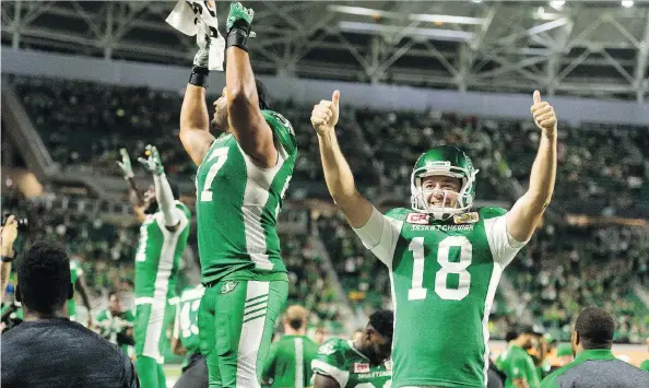  ?? MICHAEL BELL ?? The Saskatchew­an Roughrider­s and their fans have two weeks to savour the joy of a big win in the summer half of the schedule, a rare experience in recent years.