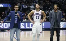  ?? MICHAEL AINSWORTH — THE ASSOCIATED PRESS ?? Guard Ryan Broekhoff, left, stands with 76ers Ben Simmons and Jonah Bolden before a Jan. 11game against the Dallas Mavericks to raise funds for Australian wildfire relief. Broekhoff is now a teammate of his fellow Aussies, signing a deal for the rest of the season with the Sixers Friday.