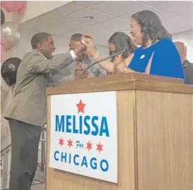  ?? ALEXANDRA ARRIAGA/SUN-TIMES ?? Melissa Conyears-Ervin celebrates her victory in the city treasurer race on Tuesday.