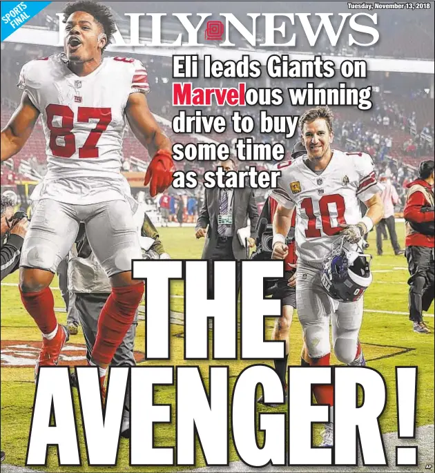  ?? AP ?? Giants fans get to marvel at Eli Manning like old times Monday as QB finally gets to celebrate after throwing winning TD to Sterling Shepard.