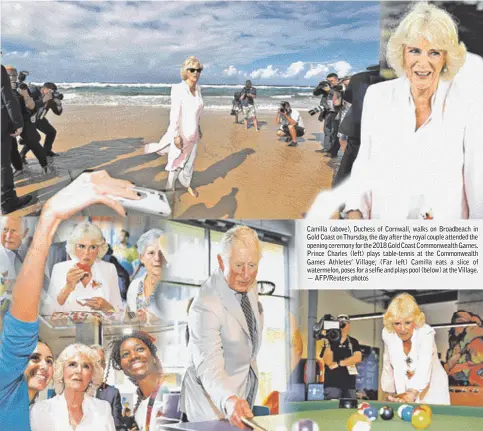  ??  ?? Camilla (above), Duchess of Cornwall, walks on Broadbeach in Gold Coast on Thursday, the day after the royal couple attended the opening ceremony for the 2018 Gold Coast Commonweal­th Games. Prince Charles (left) plays table-tennis at the Commonweal­th...