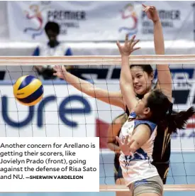  ?? —SHERWIN VARDELEON ?? Another concern for Arellano is getting their scorers, like Jovielyn Prado (front), going against the defense of Risa Sato and NU.