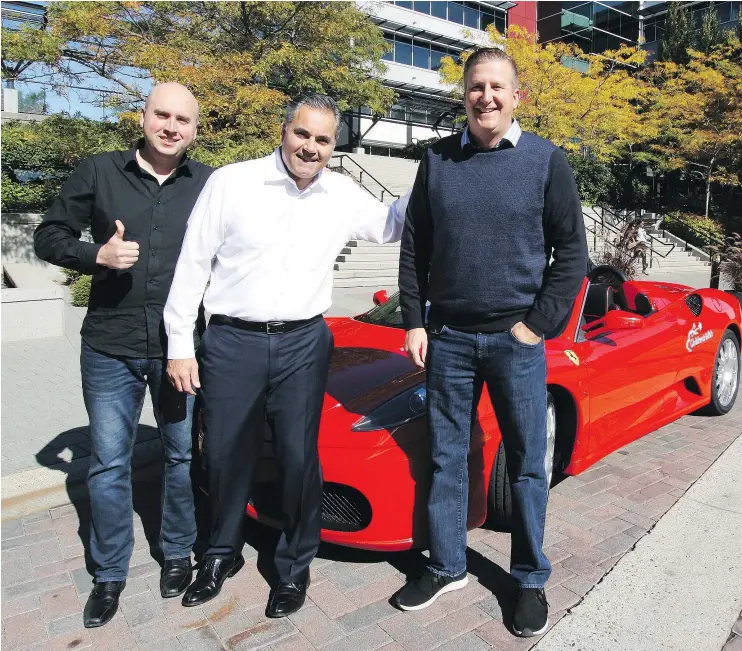  ?? — ANDREW MCCREDIE ?? Scenic Rush’s Thom Boecker, left, and Bryan Kohare flank Remco Daal in front of one of the five supercars to be used during Aidan’s Cup on Sunday in Pitt Meadows.