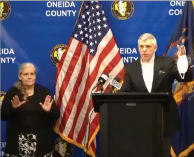  ?? LIVESTREAM SCREENSHOT ?? Oneida County Executive Anthony J. Picente. Jr. speaking at a press briefing on April 27 regarding COVID-19.