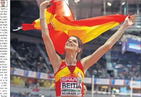  ??  ?? FELICIDAD. Ruth Beitia celebra su medalla de plata en los Europeos de pista cubierta de Belgrado en donde saltó 1,94 por los 2,01 de Palsyte.