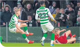  ??  ?? The tackle on Kris Ajer that saw Sam Cosgrove sent off at Celtic Park last Saturday