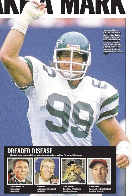  ??  ?? Jet legend Mark Gastineau’s health is in serious decline, and he is working with the Heads Up program to make sure young football players will not suffer from similar affliction­s in the future.