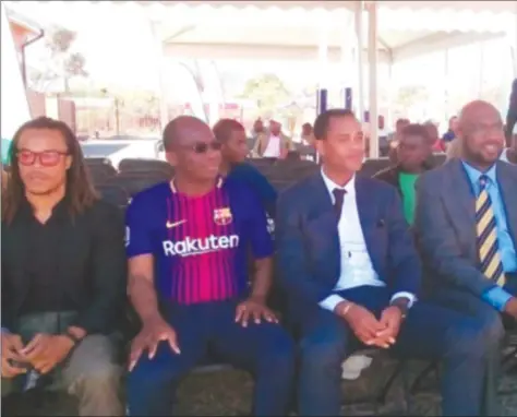  ??  ?? GRAND COMPANY . . . Dutch football legends Edgar Davids (left) and Patrick Kluivert (third from left) sit alongside Sport and Recreation Minister Makhosini Hlongwane and former Zimbabwe Cricket managing director Ozias Bvute (right) at the Presidenti­al...
