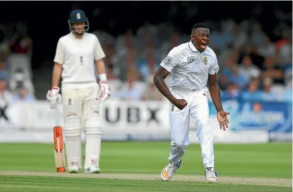  ??  ?? South African pace bowler Kagiso Rabada shows his emotion after dismissing Ben Stokes.