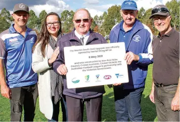  ??  ?? Play resumed at Neerim South recreation reserve on Saturday. Celebratin­g the official opening of the redevelope­d ground are (from left) NSFNC president Matt Cumming, Member for Eastern Victoria Harriet Shing, NSFNC life member Tom Goodwin, recreation reserve president John Rochford and recreation reserve secretary Steve Vincent.