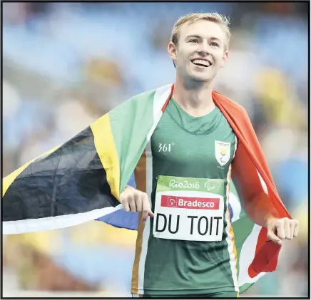  ??  ?? Charl du Toit of South Africa celebrates after winning another gold medal at the Rio Paralympic­s. He took the men’s 400m T37 final in a record 51.13 seconds at the Olympic Stadium in Rio de Janeiro, Brazil, yesterday. Picture: Reuters