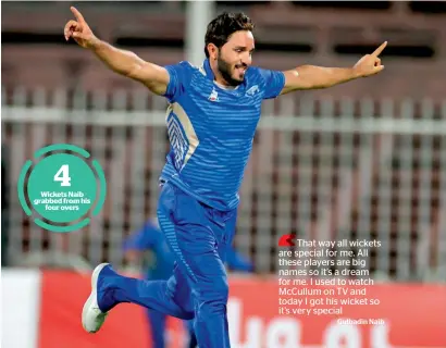  ?? Photo by M. Sajjad ?? Gulbadin Naib of Balkh Legends celebrates after he took his fourth wicket against Kandahar Knights during the Afghanista­n Premier League at the Sharjah Cricket Stadium. Legends won the match by 13 runs to top the standings. —