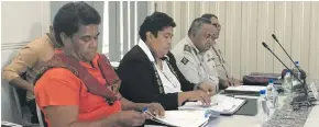  ?? Photo: Losirene Lacanivalu ?? Assistant Commission­er Corporate Services for Fiji Correction­s Service Salesia Racaca (left) with Senior Accounts Officer Helen Koi and FCS Commission­er Francis Kean during submission­s to the Standing Committee on Foreign Affairs and Defence on April...