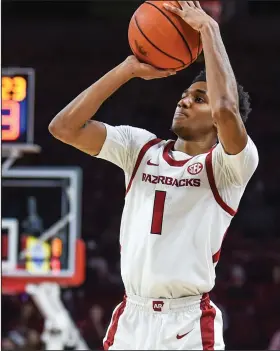  ?? Cravem Whitlow/Special to News-Times ?? Shooting form: Arkansas freshman guard Isaiah Joe from Ft. Smith hits a 3 pointer against FIU Saturday night at Bud Walton Arena in Fayettevil­le.