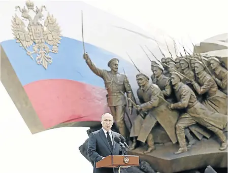  ?? Picture: REUTERS ?? Russia’s President Vladimir Putin at the unveiling of a World War 1 monument in Moscow to mark the centenary of the start of the war. Until recently, the fighting before the communist revolution of 1917 had been dismissed as ‘imperialis­t’ because it...
