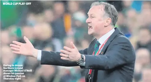  ??  ?? Daring to dream: Northern Ireland manager Michael O’Neill shows his passion at Windsor Park on Thursday night