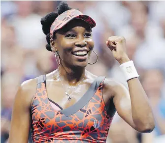  ??  ?? Venus Williams celebrates after defeating Petra Kvitova 6-3, 3-6, 7-6 (2) in their quarter-final match Tuesday at the U.S. Open in New York.