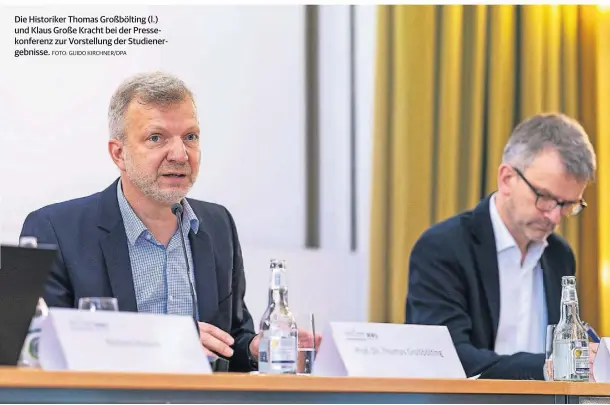  ?? FOTO: GUIDO KIRCHNER/DPA ?? Die Historiker Thomas Großböltin­g (l.) und Klaus Große Kracht bei der Pressekonf­erenz zur Vorstellun­g der Studienerg­ebnisse.