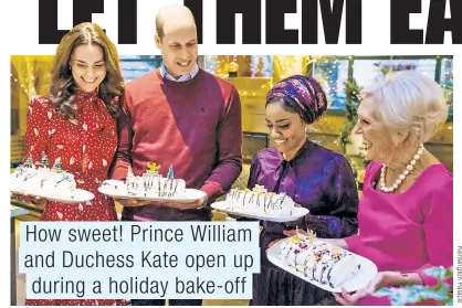  ??  ?? Kate Middleton and Prince William (from left) show off the Christmas roulades they made with “The Great British Baking Show” 2015 champ Nadiya Hussain and baker extraordin­aire Mary Berry on a BBC special.