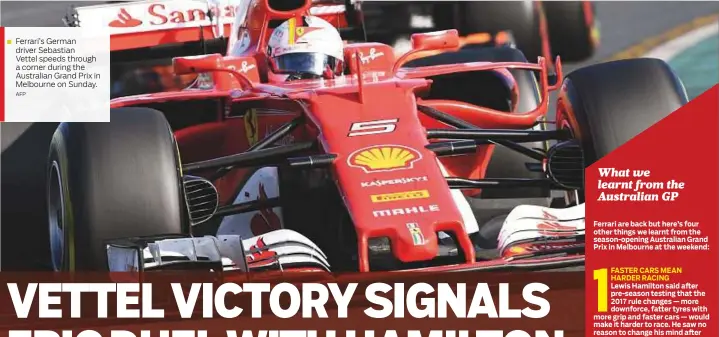  ?? AFP ?? Ferrari’s German driver Sebastian Vettel speeds through a corner during the Australian Grand Prix in Melbourne on Sunday.