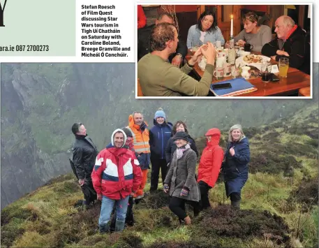  ?? Photo by Declan Malone ?? Stefan Roesch of Film Quest discussing Star Wars tourism in Tigh Uí Chatháin on Saturday with Caroline Boland, Breege Granville and Micheál Ó Conchúir. Stefan Roesch of Film Quest (front) touring the Star Wars film sites on Ceann Sibéal on Saturday...