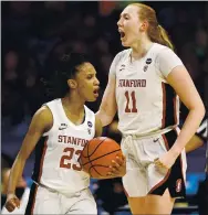  ?? ELSA — GETTY IMAGES ?? Stanford’s Kiana Williams, left, celebrates with Ashten Prechtel during the fourth quarter in the Final Four game against South Carolina at the Alamodome in San Antonio.
