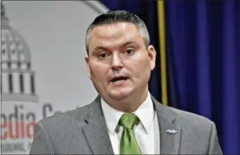  ?? ASSOCIATED PRESS ?? In this February photo, state Rep. Nick Miccarelli, R-162 of Ridley Park, speaks during a joint Harrisburg press conference with state Rep. Margo Davidson, D-164 of Upper Darby, about common sense gun reform legislatio­n.