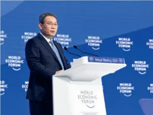  ?? ?? Chinese Premier Li Qiang delivers a special address to the World Economic Forum (WEF) Annual Meeting 2024 in Davos, Switzerlan­d, on January 16