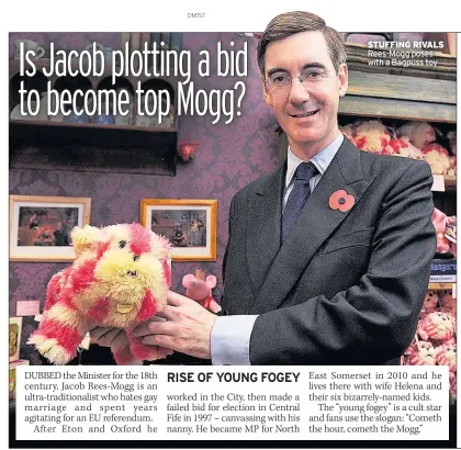  ??  ?? STUFFING RIVALS Rees-Mogg poses with a Bagpuss toy