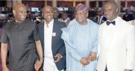  ??  ?? L-R: Tony Elumelu, chairman, Heirs Holdings; Rotimi Amaechi, minister of Transporta­tion; Aliko Dangote, president, Dangote Group, and Dakuku Peterside, DG, NIMASA, at the NIMASA Corporate Dinner and Merit Awards in Lagos at the weekend.Pic by Pius Okeosisi