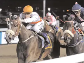  ?? Picture: Candiese Marnewick ?? LITTLE AUDREY, ridden by Craig Zackey, won the Gold Circle Podcast Maiden Plate at Greyville on Friday night. Minor placings went to Sweet Preserve, Summer Day and Holy Flame.