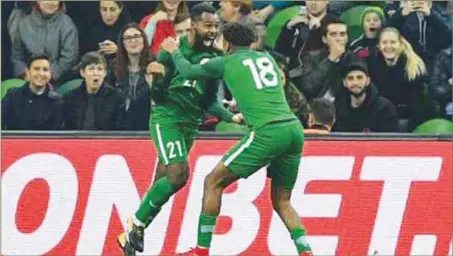  ??  ?? Bryan Idowu (left) and Alex Iwobi celebratin­g the former’s debut goal for Nigeria during the 4-2 defeat of Argentina in an internatio­nal friendly in Russia on Tuesday night