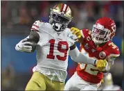  ?? JOSE CARLOS FAJARDO - STAFF PHOTOGRAPH­ER ?? Wide receiver Deebo Samuel (19) will return to the 49ers, but Emmanuel Sanders’ departure will be hard to overcome.