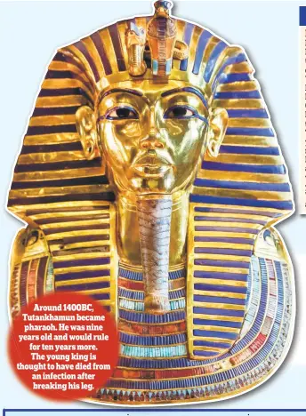  ?? ?? Around 1400BC, Tutankhamu­n became pharaoh. Hewas nine years old andwould rule for ten yearsmore. The young king is thought tohavedied from an infection after breaking his leg.