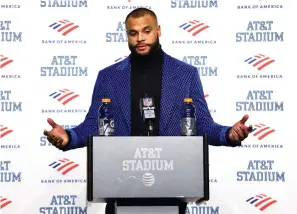  ?? AP Photo/Ron Jenkins ?? Dallas Cowboys quarterbac­k Dak Prescott speaks Sunday during a news conference following an NFL wild-card playoff football game against the San Francisco 49ers in Arlington, Texas.