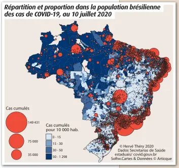  ??  ?? Répartitio­n et proportion dans la population brésilienn­e des cas de COVID-19, au 10 juillet 2020