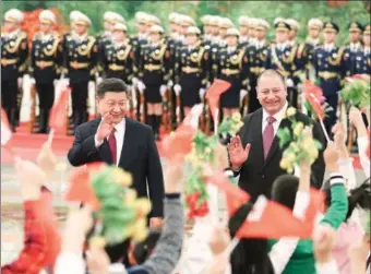  ?? DING HAITAO / XINHUA ?? President Xi Jinping holds a welcoming ceremony for King Tupou VI of the Kingdom of Tonga at the Great Hall of the People in Beijing