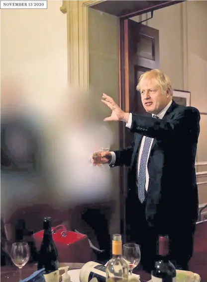  ?? ?? Neither Boris Johnson nor Rishi Sunak knew in advance about his birthday party, above left, according to Ms Gray. Her report also found that the farewell to Lee Cain, where the Prime Minister gave a speech, above right, was not planned NOVEMBER 13 2020