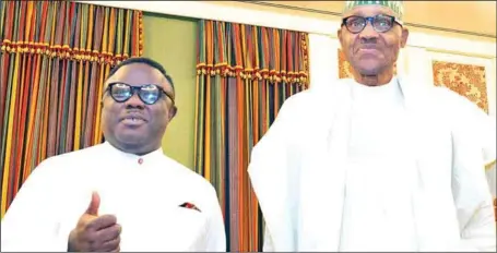  ??  ?? Cross River State Governor, Prof. Ben Ayade (left), and President Muhammadu Buhari during the governor’s visit to the president at the State House, Abuja...yesterday