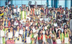  ?? HT PHOTO ?? ▪ Students with their certificat­es and medals at the BBAU convocatio­n held on Friday.
