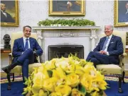  ?? SUSAN WALSH / AP ?? President Joe Biden on Monday thanked Greek Prime Minister Kyriakos Mitsotakis for his country’s “moral leadership” in the aftermath of Russia’s invasion of Ukraine as the two held talks at the White House.