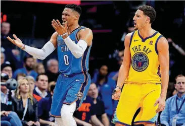  ?? [PHOTO BY SARAH PHIPPS, THE OKLAHOMAN] ?? Oklahoma City guard Russell Westbrook, left, helped the Thunder earn a 2-2 series split last season against NBA champion Golden State.