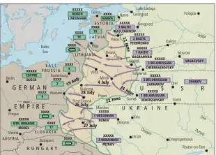  ??  ?? Operaatio Bagration 22. kesäkuuta–19. elokuuta 1944 Etulinjat päiväyksin­een