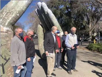  ?? NATALIE HANSON — ENTERPRISE-RECORD ?? From left to right, Rich Ober, left, Richard Harriman, Bob Mulholland, Mike Hawkins, David Welch and Karl Ory hold a press conference Wednesday protesting the dismissal of City Attorney Andrew Jared outside city hall in Chico.