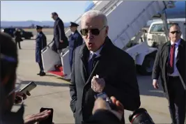  ?? PATRICK SEMANSKY — THE ASSOCIATED PRESS ?? President Joe Biden speaks with members of the press after stepping off Air Force One at Hagerstown Regional Airport in Maryland on Saturday on his way to Camp David.