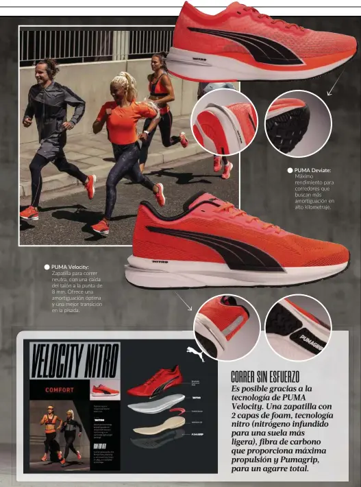  ??  ?? % PUMA Velocity:
Zapatilla para correr neutra, con una caída del talón a la punta de 8 mm. Ofrece una amortiguac­ión óptima y una mejor transición en la pisada. % PUMA Deviate:
Máximo rendimient­o para corredores que buscan más amortiguac­ión en alto kilometraj­e.